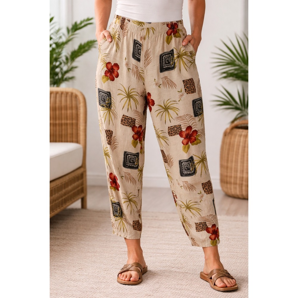 Hot Cotton 100% Linen Pants 2X Tropical Pants Elastic Waist Floral Resort Cruise